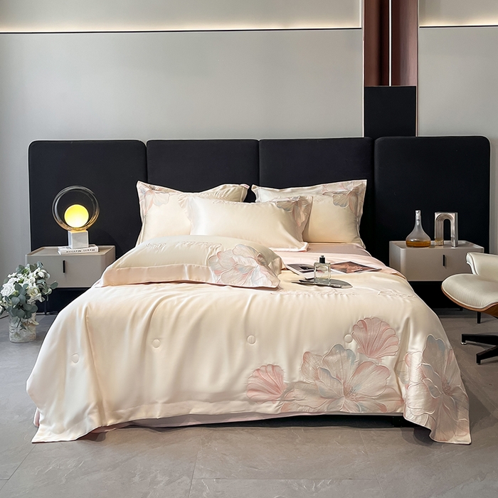 91家纺网 家纺一手货源 找家纺 置顶家纺 2025新款水洗天丝夏被四件套-coco小姐 COCO小姐-白+粉