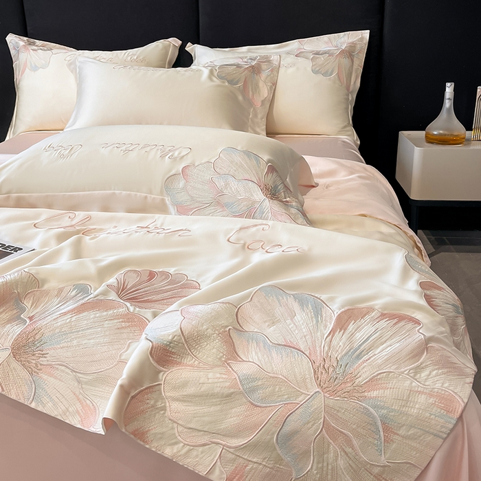 91家纺网 家纺一手货源 找家纺 置顶家纺 2025新款水洗天丝夏被四件套-coco小姐 COCO小姐-白+粉