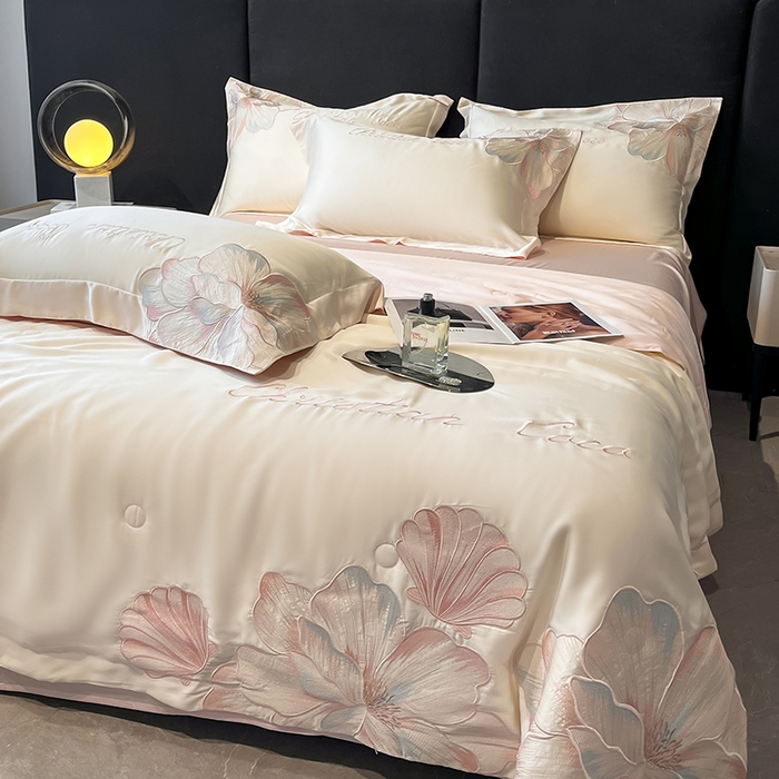 91家纺网 家纺一手货源 找家纺 置顶家纺 2025新款水洗天丝夏被四件套-coco小姐 COCO小姐-白+粉