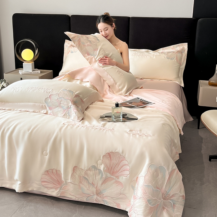 91家纺网 家纺一手货源 找家纺 置顶家纺 2025新款水洗天丝夏被四件套-coco小姐 COCO小姐-白+粉