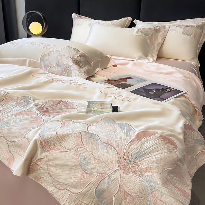 91家纺网 家纺一手货源 找家纺 置顶家纺 2025新款水洗天丝夏被四件套-coco小姐 COCO小姐-白+粉