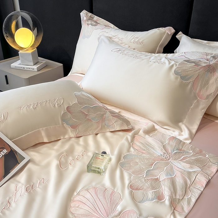 91家纺网 家纺一手货源 找家纺 置顶家纺 2025新款水洗天丝夏被四件套-coco小姐 COCO小姐-白+粉