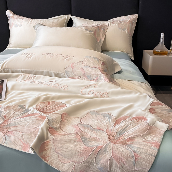 91家纺网 家纺一手货源 找家纺 置顶家纺 2025新款水洗天丝夏被四件套-coco小姐 COCO小姐-白+繁星蓝