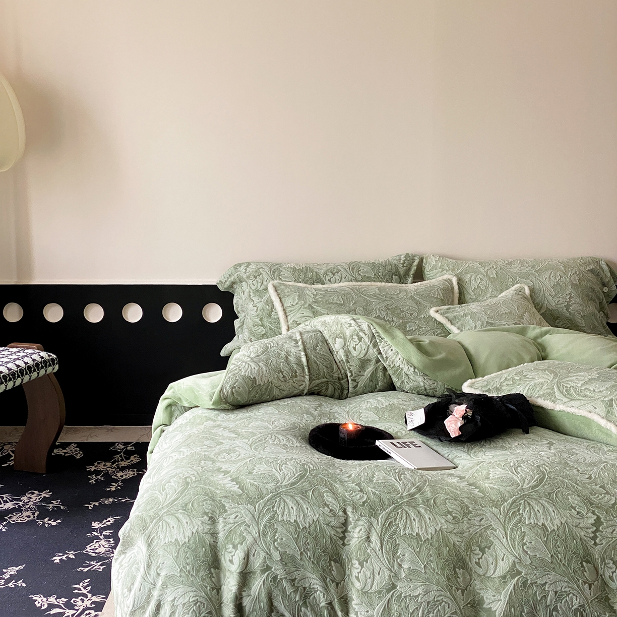 玉宇阁家居 2025新款双色提花雕花牛奶绒四件套-佩里斯午后（178/248/268/268/268/288（券后控价） 床笠款套件可定制（适用于 10-22cm 高床垫）） 佩里斯午后-春晨绿