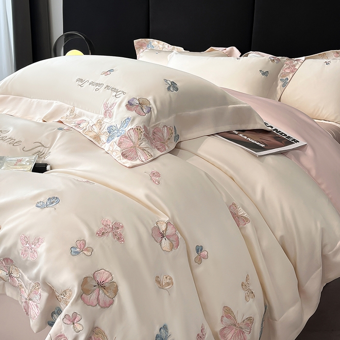 91家纺网 家纺一手货源 找家纺 置顶家纺 2025新款双面水洗天丝四件套-花不尽 花不尽-白+粉