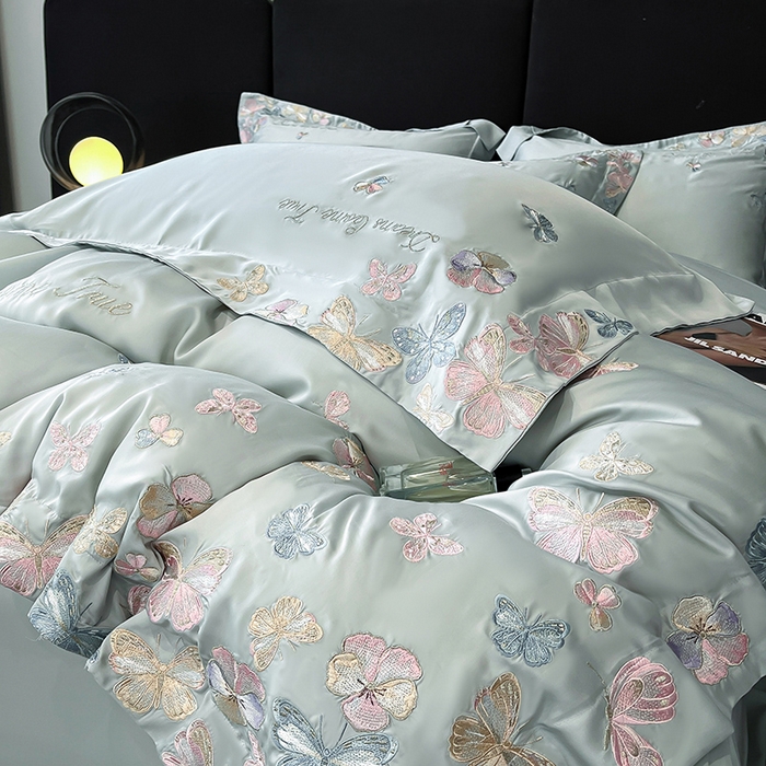 91家纺网 家纺一手货源 找家纺 置顶家纺 2025新款双面水洗天丝四件套-花不尽 花不尽-繁星蓝