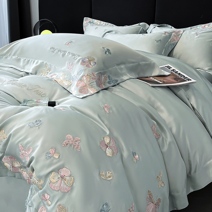 91家纺网 家纺一手货源 找家纺 置顶家纺 2025新款双面水洗天丝四件套-花不尽 花不尽-繁星蓝