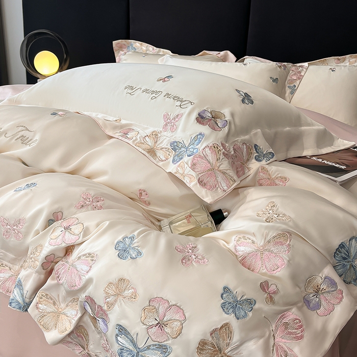 91家纺网 家纺一手货源 找家纺 置顶家纺 2025新款双面水洗天丝四件套-花不尽 花不尽-白+粉