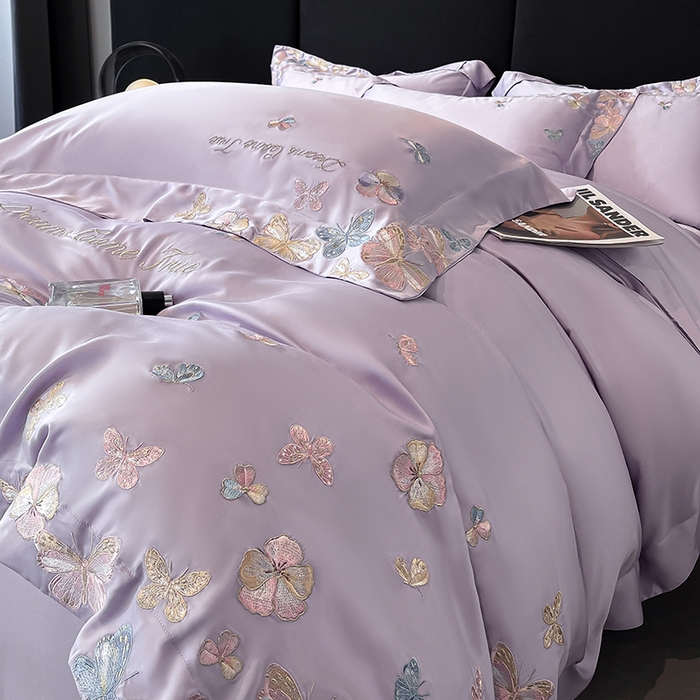 91家纺网 家纺一手货源 找家纺 置顶家纺 2025新款双面水洗天丝四件套-花不尽 花不尽-香芋紫