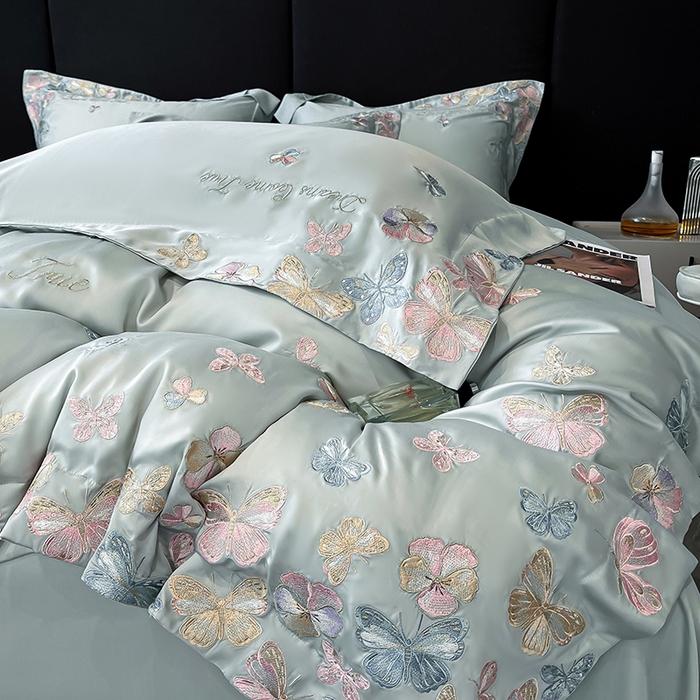 91家纺网 家纺一手货源 找家纺 置顶家纺 2025新款双面水洗天丝四件套-花不尽 花不尽-繁星蓝