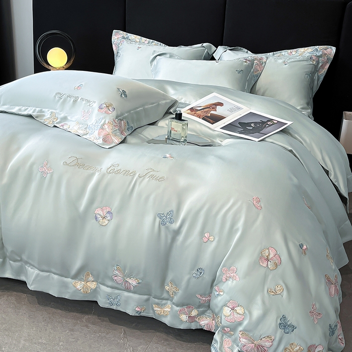 91家纺网 家纺一手货源 找家纺 置顶家纺 2025新款双面水洗天丝四件套-花不尽 花不尽-繁星蓝