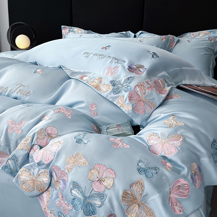 91家纺网 家纺一手货源 找家纺 置顶家纺 2025新款双面水洗天丝四件套-花不尽 花不尽-天蓝