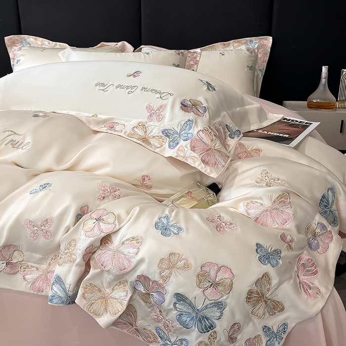 91家纺网 家纺一手货源 找家纺 置顶家纺 2025新款双面水洗天丝四件套-花不尽 花不尽-白+粉