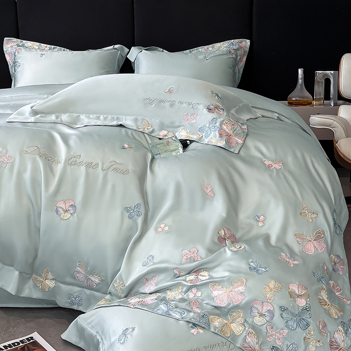 91家纺网 家纺一手货源 找家纺 置顶家纺 2025新款双面水洗天丝四件套-花不尽 花不尽-繁星蓝