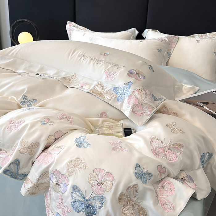 91家纺网 家纺一手货源 找家纺 置顶家纺 2025新款双面水洗天丝四件套-花不尽 花不尽-白+蓝