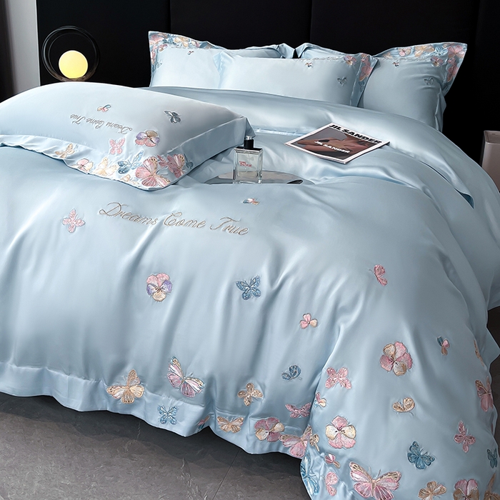 91家纺网 家纺一手货源 找家纺 置顶家纺 2025新款双面水洗天丝四件套-花不尽 花不尽-天蓝