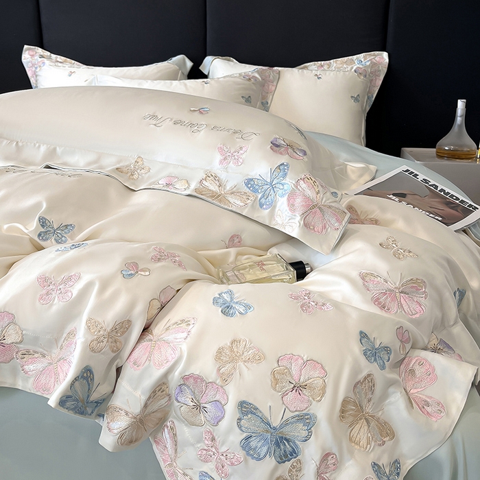 91家纺网 家纺一手货源 找家纺 置顶家纺 2025新款双面水洗天丝四件套-花不尽 花不尽-白+蓝