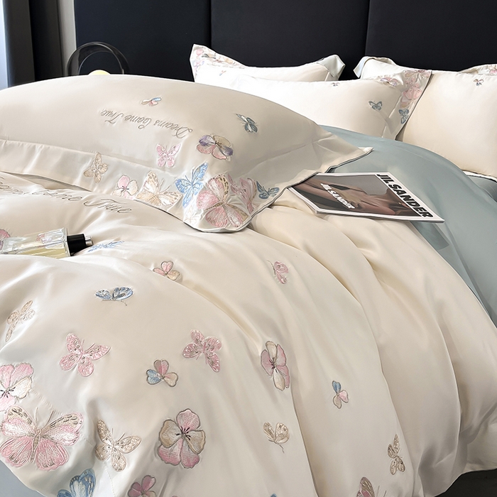 91家纺网 家纺一手货源 找家纺 置顶家纺 2025新款双面水洗天丝四件套-花不尽 花不尽-白+蓝