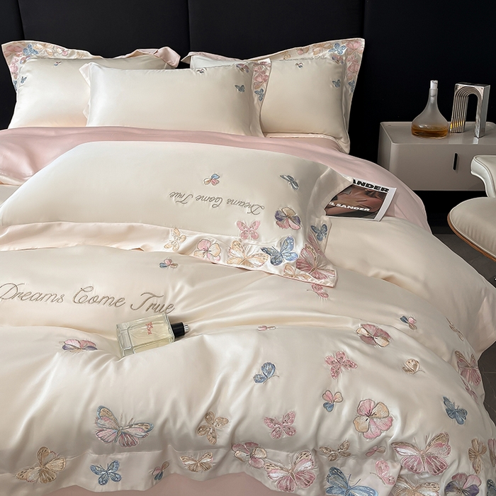 91家纺网 家纺一手货源 找家纺 置顶家纺 2025新款双面水洗天丝四件套-花不尽 花不尽-白+粉