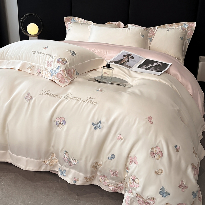 91家纺网 家纺一手货源 找家纺 置顶家纺 2025新款双面水洗天丝四件套-花不尽 花不尽-白+粉