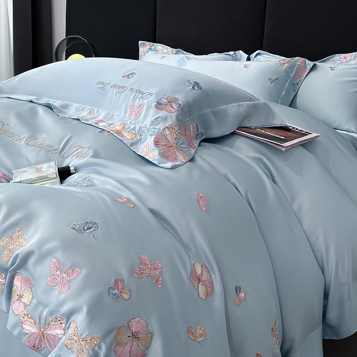 91家纺网 家纺一手货源 找家纺 置顶家纺 2025新款双面水洗天丝四件套-花不尽 花不尽-天蓝