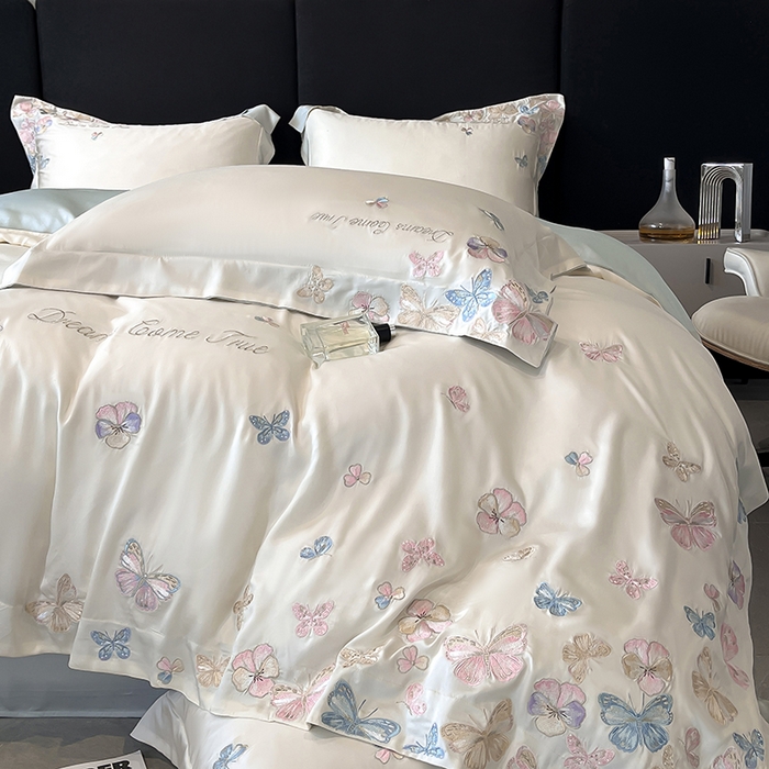 91家纺网 家纺一手货源 找家纺 置顶家纺 2025新款双面水洗天丝四件套-花不尽 花不尽-白+蓝