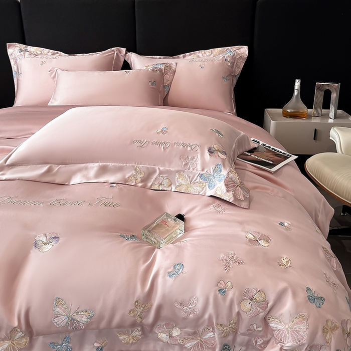 91家纺网 家纺一手货源 找家纺 置顶家纺 2025新款双面水洗天丝四件套-花不尽 花不尽-浅豆沙