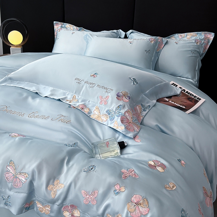 91家纺网 家纺一手货源 找家纺 置顶家纺 2025新款双面水洗天丝四件套-花不尽 花不尽-天蓝