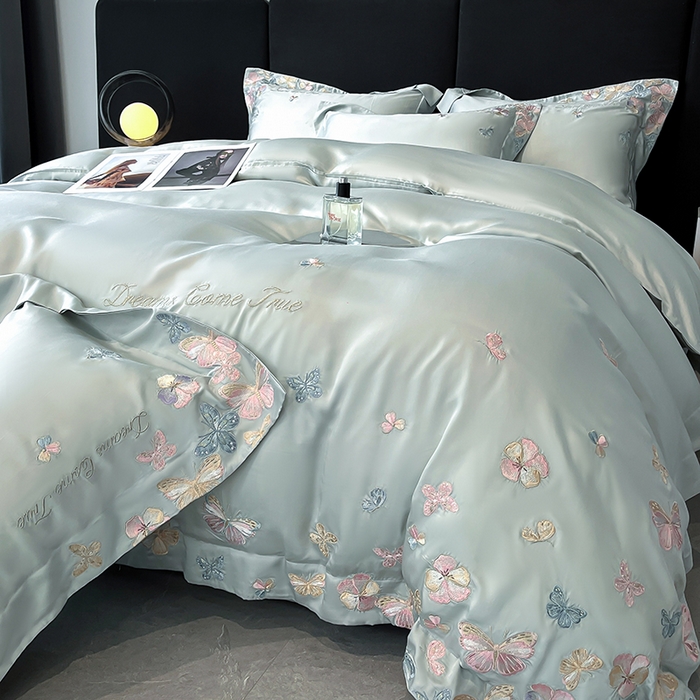 91家纺网 家纺一手货源 找家纺 置顶家纺 2025新款双面水洗天丝四件套-花不尽 花不尽-繁星蓝