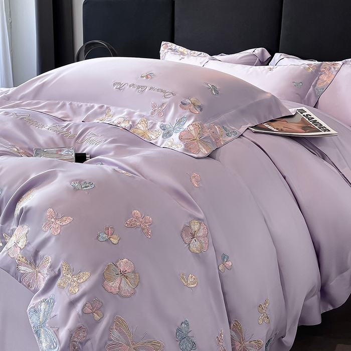 91家纺网 家纺一手货源 找家纺 置顶家纺 2025新款双面水洗天丝四件套-花不尽 花不尽-香芋紫