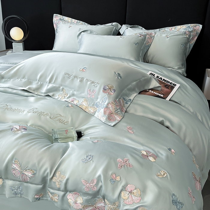 91家纺网 家纺一手货源 找家纺 置顶家纺 2025新款双面水洗天丝四件套-花不尽 花不尽-繁星蓝