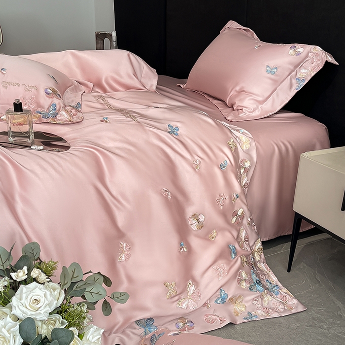 91家纺网 家纺一手货源 找家纺 置顶家纺 2025新款双面水洗天丝四件套-花不尽 花不尽-浅豆沙