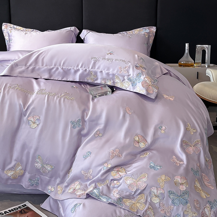 91家纺网 家纺一手货源 找家纺 置顶家纺 2025新款双面水洗天丝四件套-花不尽 花不尽-香芋紫