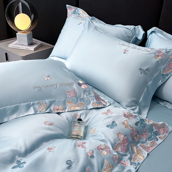 91家纺网 家纺一手货源 找家纺 置顶家纺 2025新款双面水洗天丝四件套-花不尽 花不尽-天蓝