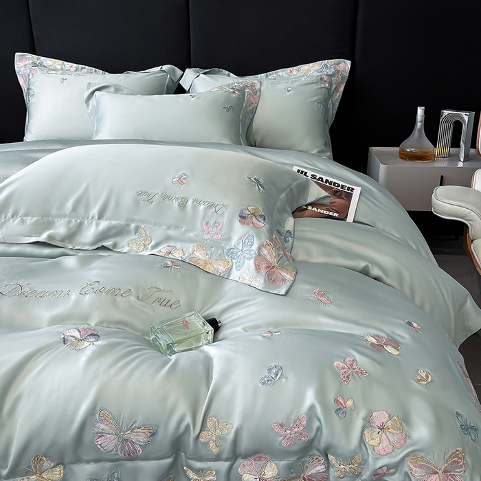 91家纺网 家纺一手货源 找家纺 置顶家纺 2025新款双面水洗天丝四件套-花不尽 花不尽-繁星蓝