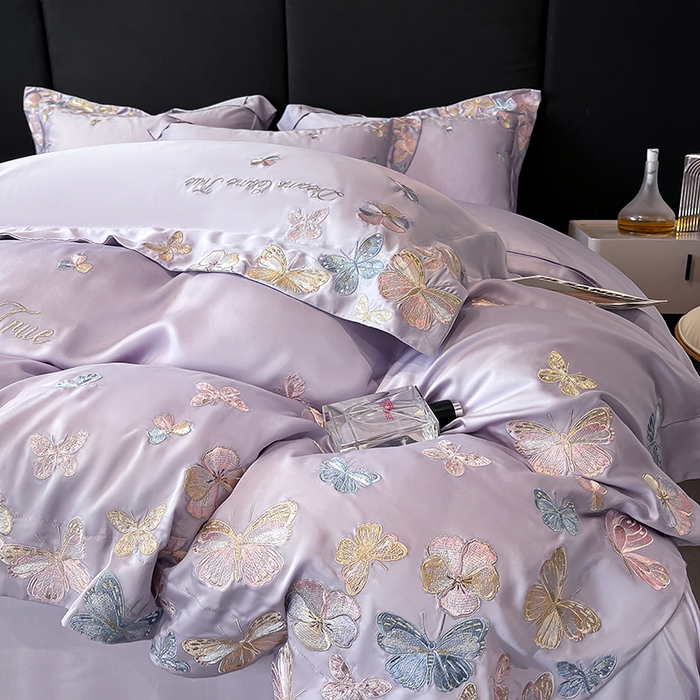 91家纺网 家纺一手货源 找家纺 置顶家纺 2025新款双面水洗天丝四件套-花不尽 花不尽-香芋紫