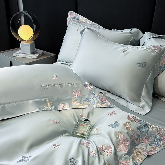 91家纺网 家纺一手货源 找家纺 置顶家纺 2025新款双面水洗天丝四件套-花不尽 花不尽-繁星蓝