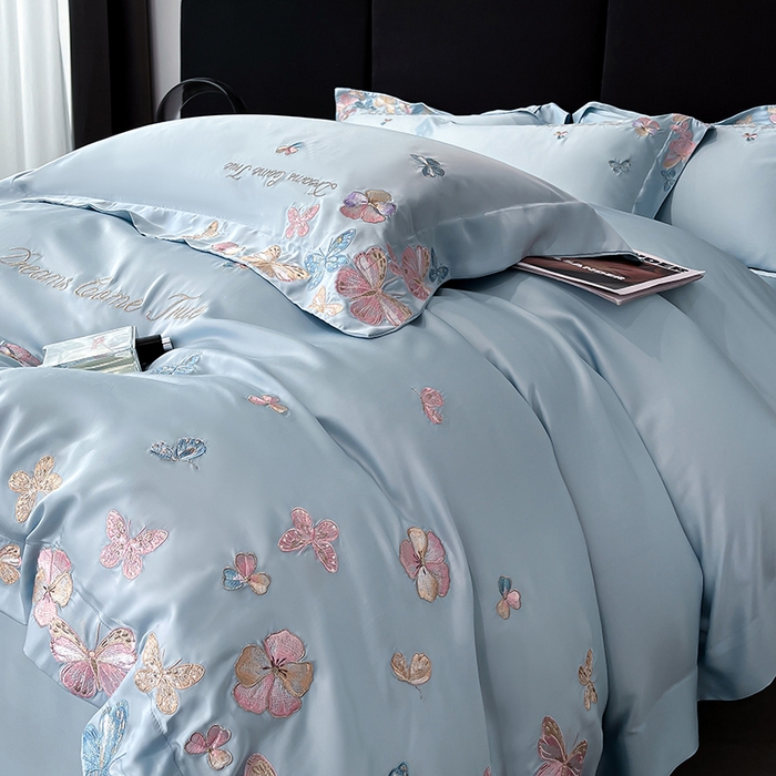 91家纺网 家纺一手货源 找家纺 置顶家纺 2025新款双面水洗天丝四件套-花不尽 花不尽-天蓝