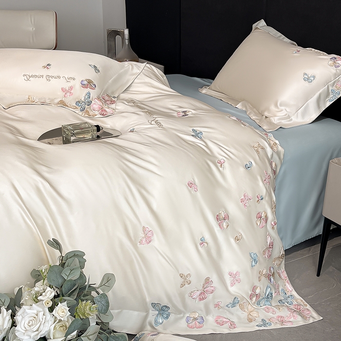 91家纺网 家纺一手货源 找家纺 置顶家纺 2025新款双面水洗天丝四件套-花不尽 花不尽-白+蓝