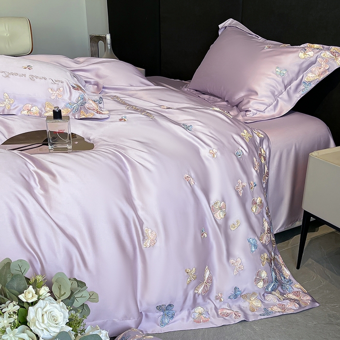 91家纺网 家纺一手货源 找家纺 置顶家纺 2025新款双面水洗天丝四件套-花不尽 花不尽-香芋紫