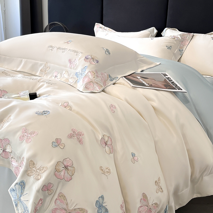 91家纺网 家纺一手货源 找家纺 置顶家纺 2025新款双面水洗天丝四件套-花不尽 花不尽-白+蓝