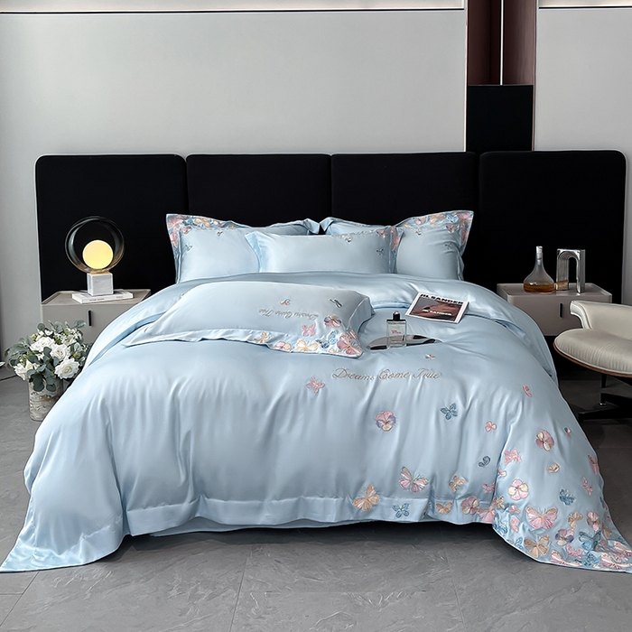 91家纺网 家纺一手货源 找家纺 置顶家纺 2025新款双面水洗天丝四件套-花不尽 花不尽-天蓝