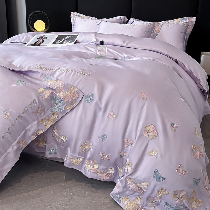 91家纺网 家纺一手货源 找家纺 置顶家纺 2025新款双面水洗天丝四件套-花不尽 花不尽-香芋紫