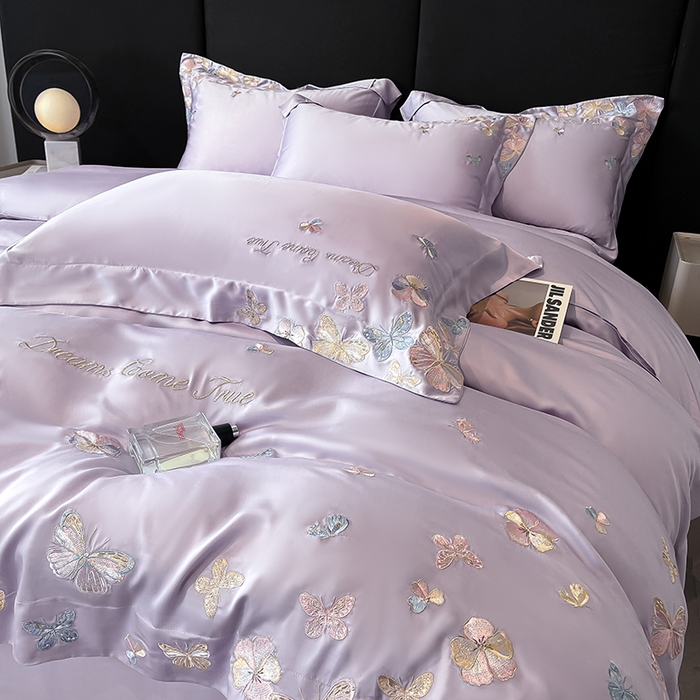 91家纺网 家纺一手货源 找家纺 置顶家纺 2025新款双面水洗天丝四件套-花不尽 花不尽-香芋紫