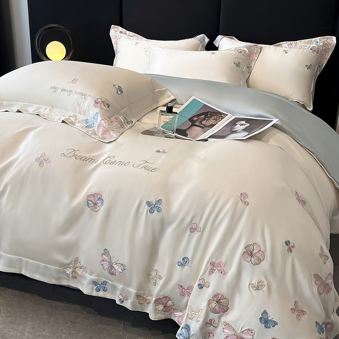 91家纺网 家纺一手货源 找家纺 置顶家纺 2025新款双面水洗天丝四件套-花不尽 花不尽-白+蓝