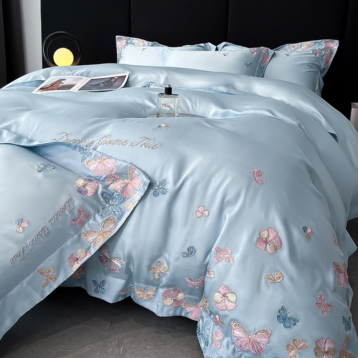 91家纺网 家纺一手货源 找家纺 置顶家纺 2025新款双面水洗天丝四件套-花不尽 花不尽-天蓝