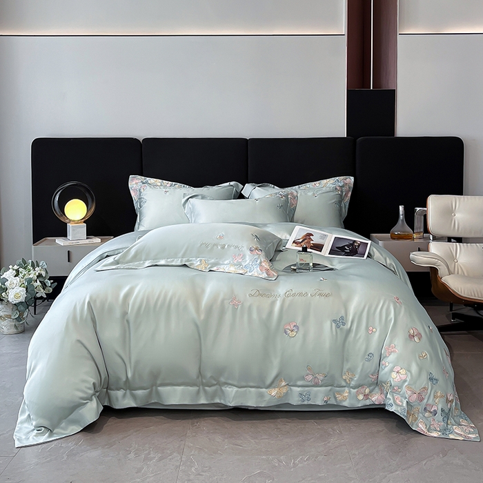 91家纺网 家纺一手货源 找家纺 置顶家纺 2025新款双面水洗天丝四件套-花不尽 花不尽-繁星蓝