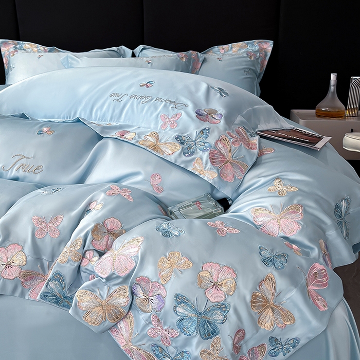 91家纺网 家纺一手货源 找家纺 置顶家纺 2025新款双面水洗天丝四件套-花不尽 花不尽-天蓝