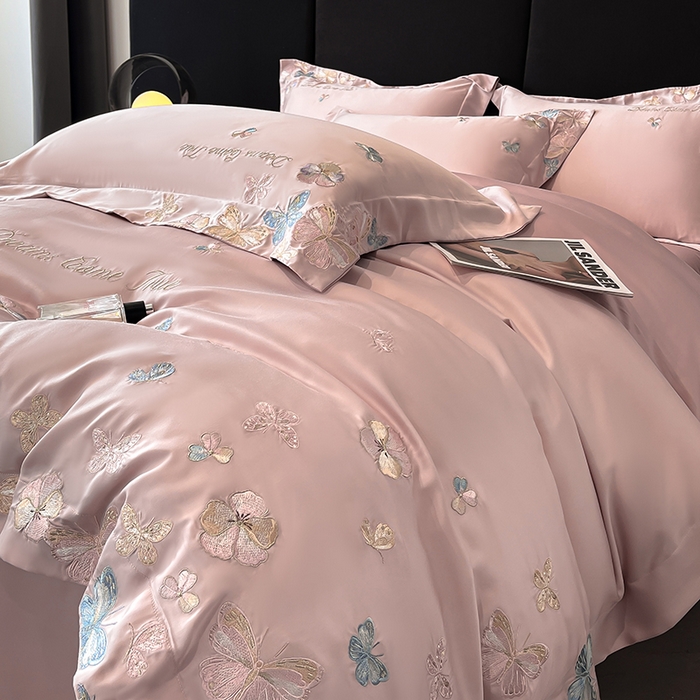 91家纺网 家纺一手货源 找家纺 置顶家纺 2025新款双面水洗天丝四件套-花不尽 花不尽-浅豆沙