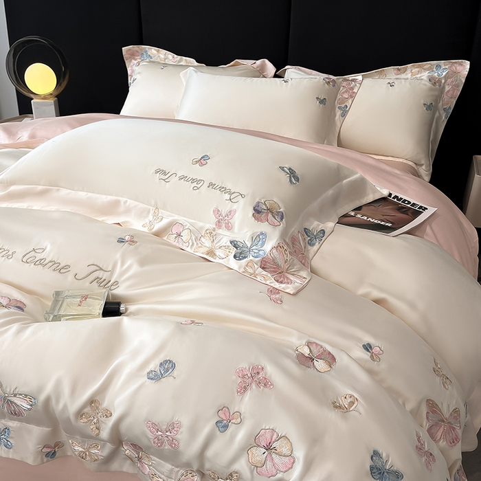 91家纺网 家纺一手货源 找家纺 置顶家纺 2025新款双面水洗天丝四件套-花不尽 花不尽-白+粉